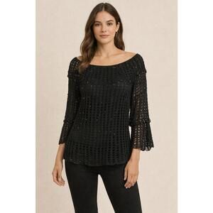 Bob Mackie Large black blouse crochet beaded bell sleeves off shoulder NWOT